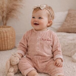 Little Indians Velour “Très Bien” Romper 9-12M Boutique Baby Pink